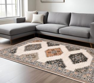 7' X 9' Ivory Gray And Orange Geometric Distressed Area Rug