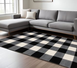 7' X 9' Black And Ivory Gingham Area Rug