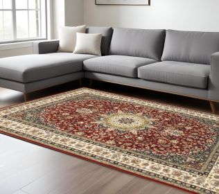 6' X 9' Red And Ivory Floral Medallion Area Rug