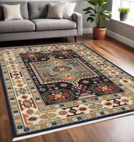5' X 8' Blue And Ivory Medallion Area Rug