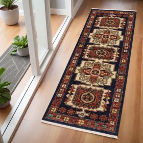 6' Blue And Beige Wool Handmade Runner Rug