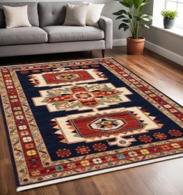 5' X 8' Blue And Red Medallion Area Rug