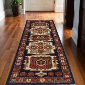 12' Blue And Red Wool Handmade Runner Rug