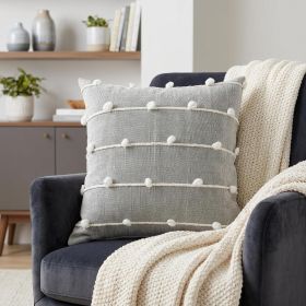 20" Gray and White Striped Linen Throw Pillow Cover With Embroidery and Pom Poms