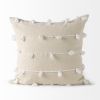 20" Cream And White Striped Canvas Throw Pillow Cover with Embroidery And Pompoms