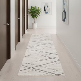 13' Gray And Ivory Geometric Runner Rug