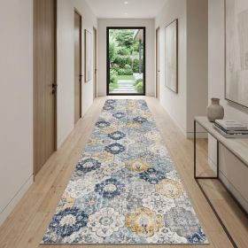 15' Blue And Yellow Floral Runner Rug