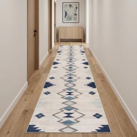 20' Blue And Ivory Southwestern Runner Rug