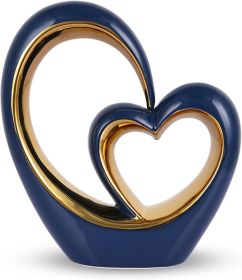 Porcelain Double Heart Decor,Blue and Gold Sculpture Home Decor for Living Room Entryway Coffee Dining Table Shelves, Wedding Anniversary