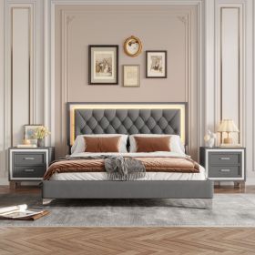 3-Pieces Bedroom Sets,Queen Size Upholstered Platform Bed with LED Lights and Two Nightstands-Gray