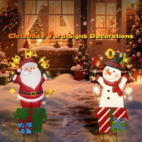 2 Pack Christmas Yard Signs Outdoor Decorations, Snowman Santa Waterproof Metal Stakes Lights, Fade Resistant Gift Box Joy Paint, Solar Powered (Option: red)