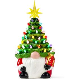 12 Gnome Ceramic Tree, Light Up Tabletop Xmas Decor With 60 LED Lights, Ceramic Tree With Christmas Themed Design, Xmas Holiday Indoor Office Tab (Option: GREEN RED)