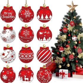 Red White Wooden Christmas Ornaments 12 Units, Hanging Tree Decorations With Santa, Reindeer, Snowflake And Merry Christmas Designs (Option: red)