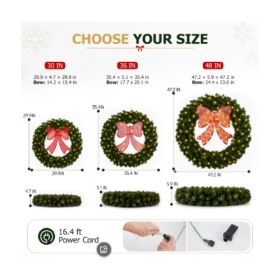 Pre-assembled Christmas Wreath, Equipped With Warm White LED Lights And Glowing Red Bows (Option: 36IN)