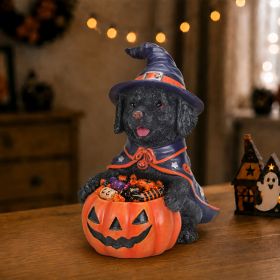 Not For Sale On Wayfair--- Halloween Black Labrador Retriever Witch Puppy Figurine, Cute Dog Holding Pumpkin Candy Bowl Decoration (Option: Orange-Red,Purple+Black)
