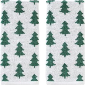 Home Christmas Winter Holiday Trees Hand Towel Set 2pc, Green White Cotton. 500 GSM. Soft & Absorbent. Reversible Jacquard Pattern (Option: White)