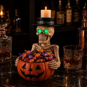 Not For Sale On Wayfair--- Halloween Skeleton Figurine With Pumpkin Candy Bowl & Candle Holder, Spooky Table Decor For Halloween (Option: White + Orange-Red)