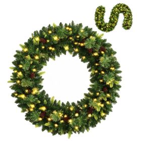9-foot Christmas Wreath, Equipped With 100 Warm White LED Lights, Pinecones, And A Timer (Option: 9FT)
