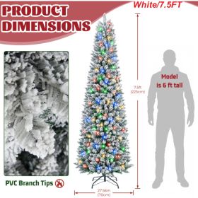 Flocked Pencil Christmas Tree With Twinkling LEDs, Lighted Skinny With Base, Pre-Lit (Option: White 7.5FT)