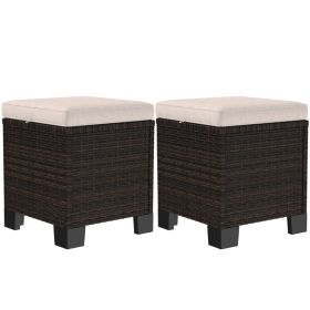 2 Piece Wicker Outdoor Ottomans With Cushions, Rattan Ottoman Footrest And Side Table For Patio, Yard, Poolside, Cream (Option: Cream)