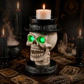 Not For Sale On Wayfair--- Halloween Skull Candle Holder With Glowing Green Eyes, Gothic Open Mouth Skeleton Head Statue With Black Top Hat, Spoo (Option: Black White)