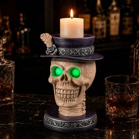 Not For Sale On Wayfair--- Halloween Skull Candle Holder With Glowing Green Eyes, Gothic Skeleton Head Statue With Feather Top Hat, Spooky Tablet (Option: Black White)