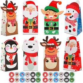 24Pcs Christmas Gift Bags With Stickers For Holiday Party FavorsKraft Paper Treat Bags, Wraps Holiday Cookies Candies And Small Gifts, Classroom (Option: 24 Pcs)