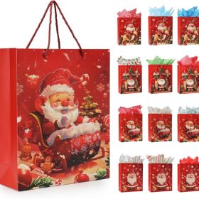 12 Christmas Gift Bags With 12 Tissues And 1 Satin Ribbon Medium (Option: red)