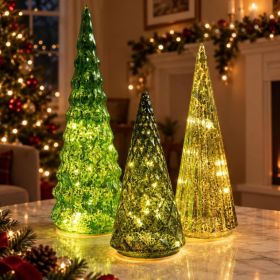 Mercury Glass Christmas Tree, Lighted Tabletop Christmas Decorations, 3 Pc (Option: Green)