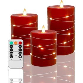 Set Of 3 Red Flameless LED Pillar Candles With String Lights & Remote (Option: red)