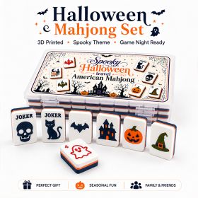 Halloween 3D Printed American Mahjong Tile Set With Storage Box, Pumpkin Ghost And Witch Hat Designs, Navy Blue And Orange (Option: Halloween Pumpkin and Ghost-3D Printed Plastic-160)