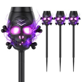 4 Packs Solar Skull Torch Lights Halloween Decorations Purple Flame Effect Solar Pathway Lights With 3D Skull Design IP44 Waterproof Stake Lights (Option: 4pcs)