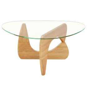Triangle Coffee Table with Tempered Glass Top and Adjustable Rubber Wood Base (Color: Natural)