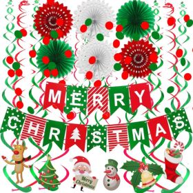 Merry Christmas Banner Paper Fan Flower Circle Confetti Dots Hanging Garlandand Swirl Streamers Christmas Tree (Option: red)